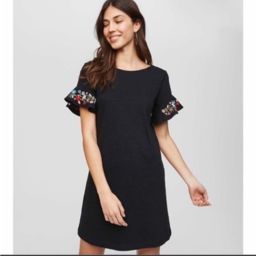 LOFT Black Midi Length Dress Floral Embroidery Sleeves Cotton Coco Size Medium
